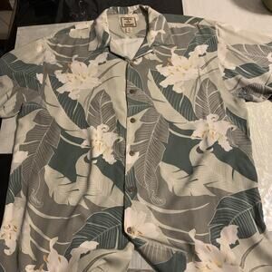 Tommy Bahama Hawaiian Shirt 100% Silk Large Green Button Up Short Sleeve
